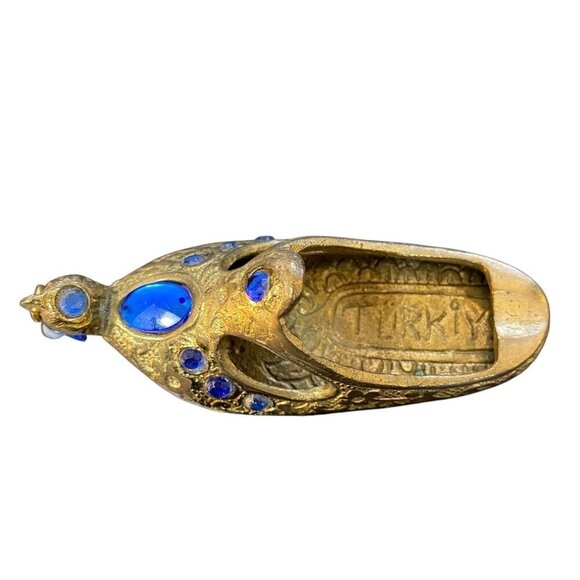 Vintage Brass Blue Jeweled Alladin Genie Shoe Ashtray Incense Tray 4" Turkiye - Picture 5 of 5